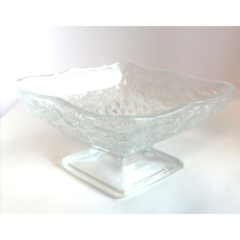 Vintage Indiana Glass Diamond Shape Clear Glass Floral Footed‎ Candy Dish Bowl